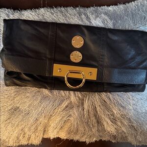 Onna Ehrlich Black Leather Clutch with Gold Accents
